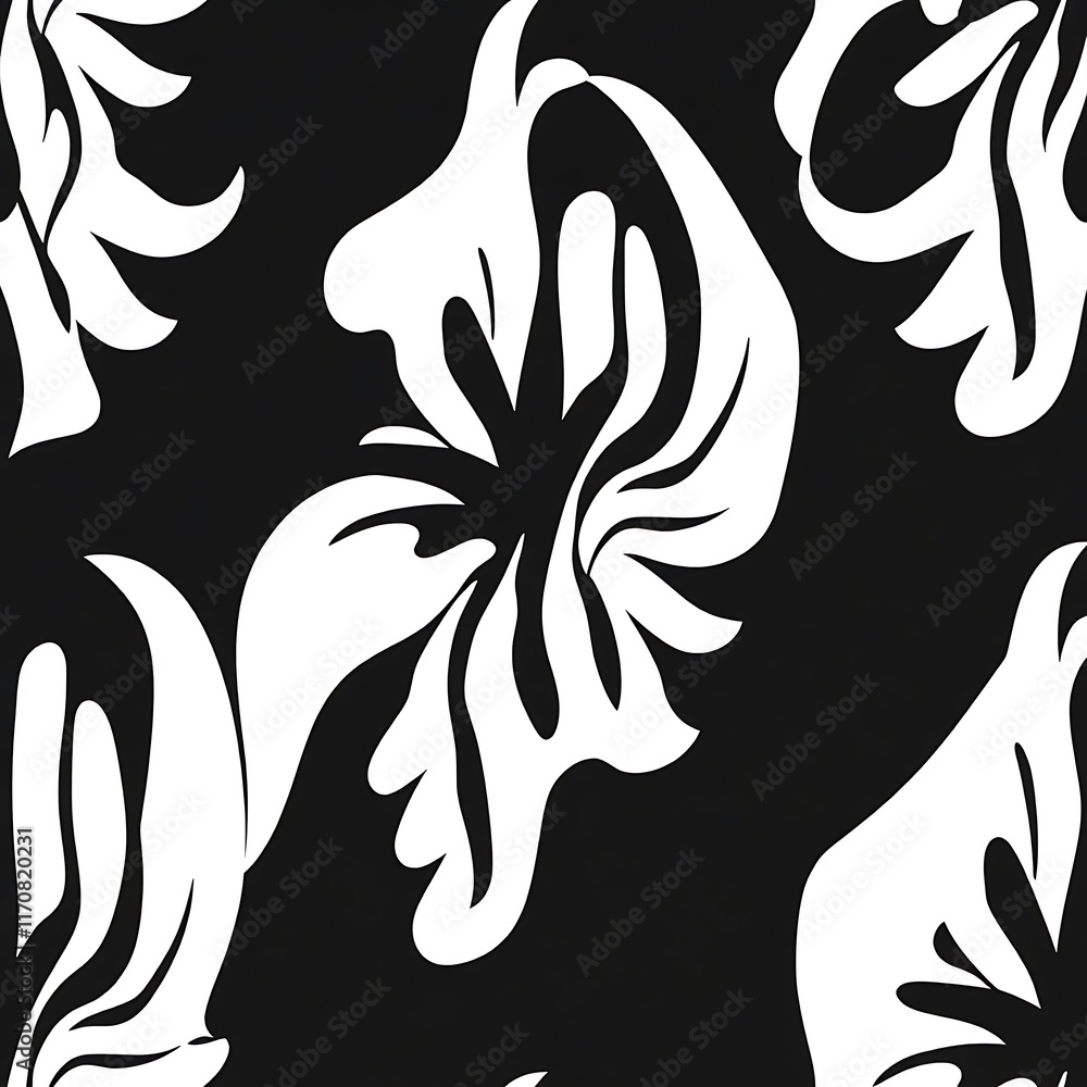 Poster abstract floral pattern: white flower silhouettes on a black background create a sophisticated and m