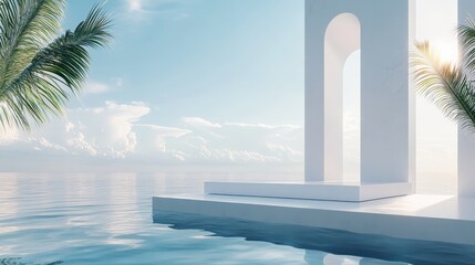 Fototapeta premium 3d background product display podium scene with leaf geometric platform,cloud and sky, palm shadows and white stone podium,Mockup for eco beauty cosmetic advertising,Copy space.