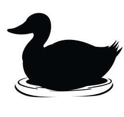 Cute cartoon hand drawn vector duck floating on water icon silhouette.