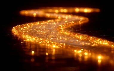 Golden light trail winding on dark surface.