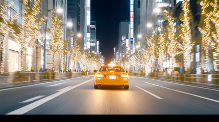 A yellow taxi speeding through a modern city street adorned with festive lights, capturing urban...