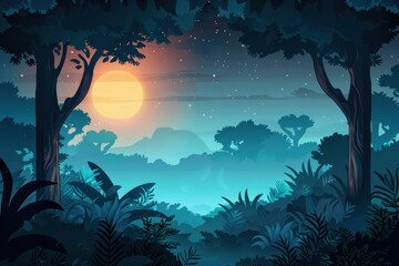 Obraz premium Silhouetted Trees and Jungle Under a Night Sky with a Full Moon