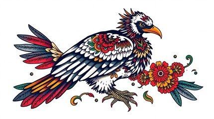 Traditional tattoo art print.  Ethiopian vulture, vibrant colors, complex ornamental style. White background, retro flair, mystical feel