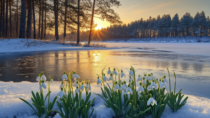 An elegant February morning scene of a frozen lake, its icy surface reflecting towering pine trees coated in shimmering frost. In the foreground, a cluster of snowdrops bloom resiliently through the s