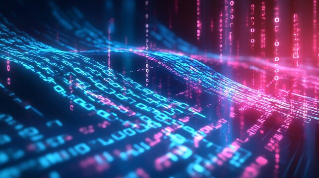 Abstract digital data streams flowing, binary code, glowing neon pink and blue.