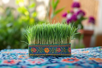 Grass growth from wheat grain for traditional fest Nowruz on background 