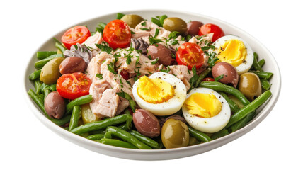 Colorful green bean salad with tuna, olives, cherry tomatoes, and hard-boiled eggs topped with parsley on a white plate.