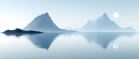 Serene mountains reflected in calm water under a full moon.