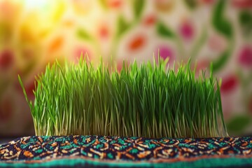Grass growth from wheat grain for traditional fest Nowruz on background 
