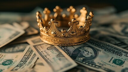 Wealth symbol golden crown on pile of cash luxury lifestyle indoor close-up view
