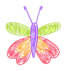 Cute colorful butterfly drawing chalk texture isolated on transparent background