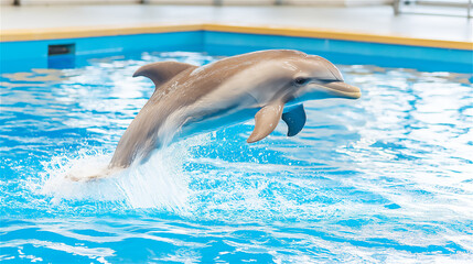 Obraz premium Playful dolphin jumping out of a blue pool on a bright day. The splash and movement convey energy and joy, symbolizing freedom and aquatic life.