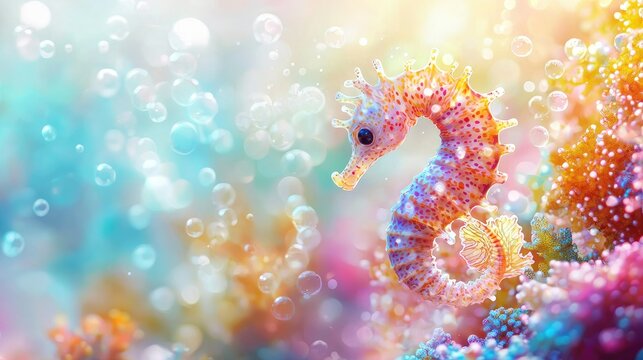 Colorful seahorse on vibrant coral reef with bubbles.