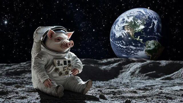 Pig Astronaut on Moon with Earth in Background: Space Adventure