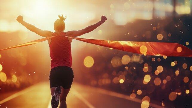 Triumphant runner crossing finish line with outstretched arms.