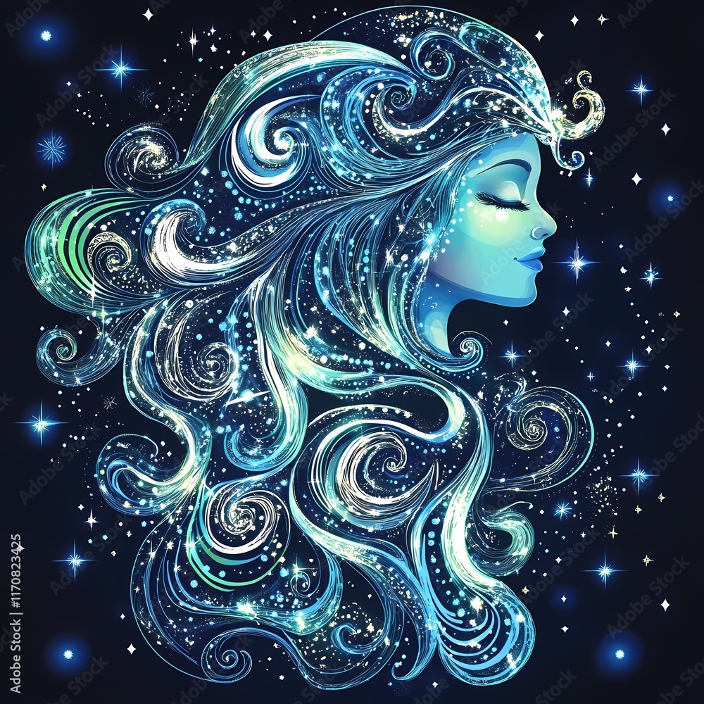 Poster elegant blue-haired figure surrounded by sparkling stars and swirling patterns at night. generative 