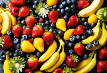 Obraz premium vibrant assortment colorful fruits gleaming crisp white background creating eye catching display, apples, oranges, bananas, grapes, berries, kiwis