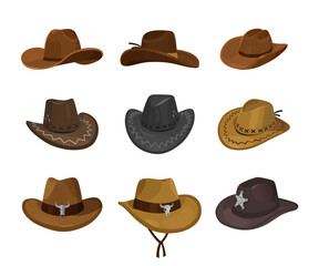 Cowboy Hats set in Various Styles and Colors isolated on white background. Vector Illustration. Cartoon elements for western, cowboy, country, fashion-themed projects, poster and character design.