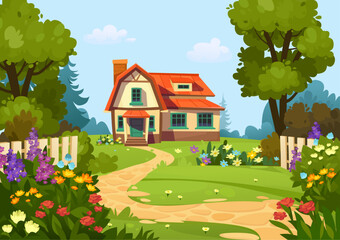 Cozy summer countryside house with a red roof, surrounded by a garden and trees.  Country cottagecore concept. Cartoon vector illustration design for eco-friendly lifestyle, outdoor relaxation.