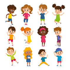Vector illustration of diverse children in various poses and expressions, including happy kids, kids with disabilities, and kids engaging in playful activities. Cartoon kids isolated on white. 