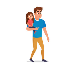 Fototapeta premium Flat style father carrying his daughter. Cartoon happy family lifestyle and leisure concept. Father spending time with daughter vector illustration. Parenting, family life concept isolated on white