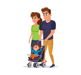 A happy family walking with their child in a stroller. Cartoon vector illustration with father, mother and toddler isolated on white background. Flat concept for family, parenting, outdoor lifestyle.