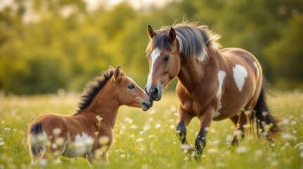 Obraz premium Foal Playing with its Mother in a Meadow
