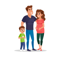 Happy growing family with expectant mother, father, and child. Flat vector illustration perfect for parenting, pregnancy, family lifestyle, and maternity care themes or family-oriented content.