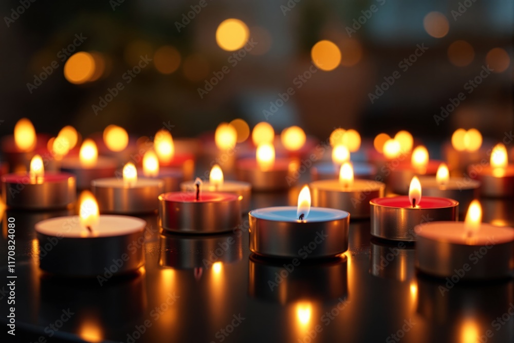 Poster tealight candles glowing warmly on a reflective surface, surrounded by soft bokeh lights, creating a