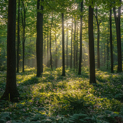 Fototapeta premium Sunbeams illuminate misty forest floor with wildflowers.