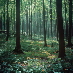 Obraz premium Sunlit forest floor with orange wildflowers.