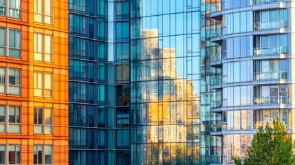Vibrant Urban Reflections in Modern Glass Buildings