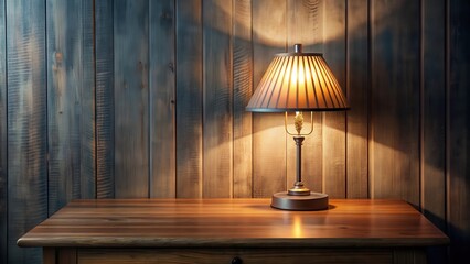 Illuminated Tabletop Lamp Against Wooden Wall Background, Creating a Cozy and Serene Atmosphere