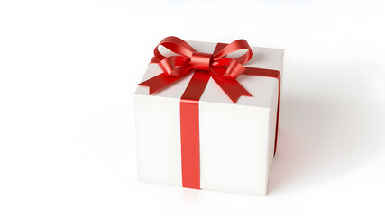 Obraz premium present box with red bow isolated on white. A white box tied with a red satin ribbon bow. A gift for Christmas, Birthday, Wedding, or Valentine's day. Isolated on white.