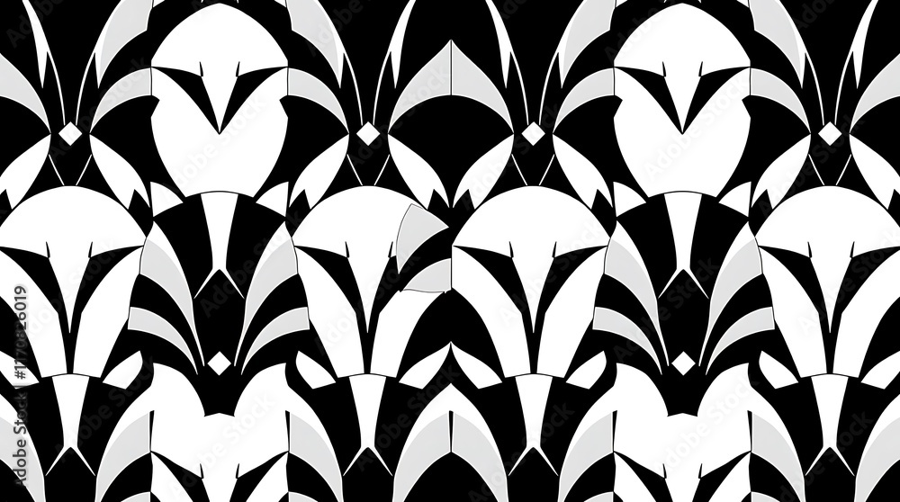 Poster black and white art deco pattern: seamless repeating design featuring intricate geometric shapes in 