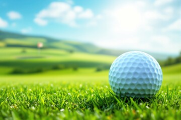 Obraz premium Golf ball on fresh green grass, realistic style, sunny golf course background, concept of sports and outdoors. Ai generative