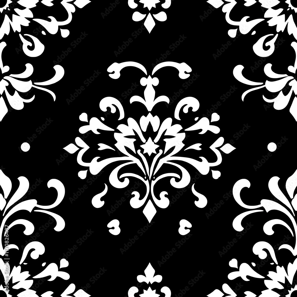 Poster elegant damask pattern: a timeless and sophisticated black and white damask pattern, featuring intri