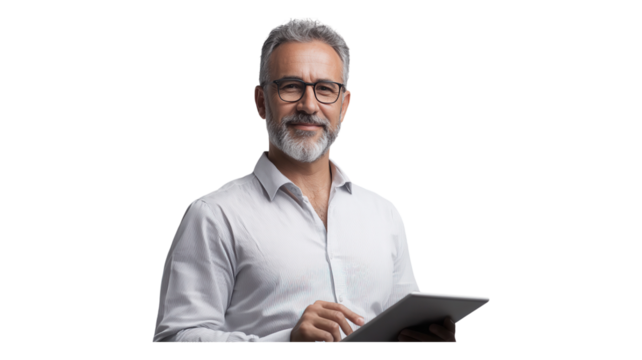 A middle-aged man with glasses holds a tablet, smiling confidently while wearing a white shirt against a neutral background.
