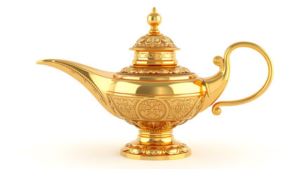 antique teapot on white background.Golden magic lamp with patterns on a white background, 3d render
