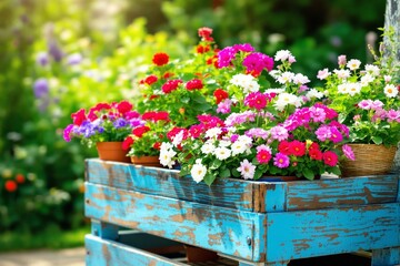 Vibrant flowers in pots arranged on a rustic blue wooden crate in a lush garden, sunlight illuminating the greenery. Concept of gardening beauty. Ai generative
