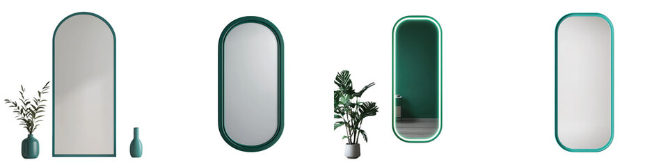 Obraz premium Stylish minimalist home decor with a green and white arched mirror potted plant and other decorative accents arranged in a modern contemporary interior setting