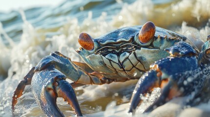 Fototapeta premium Vibrant Blue Crab Crawling Along the Shoreline at Sunrise