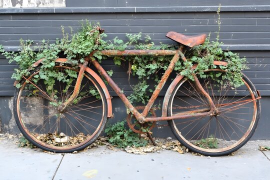 A rusted, abandoned bike on a quiet street, with weeds growing through its wheels, symbolizing the emotional stagnation and the feeling of being stuck in place. 