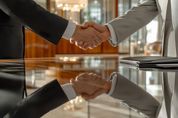 Agreement symbolized by a handshake, formal business attire on both participants. Light reflections in a contemporary workspace background.