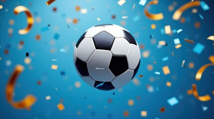 Fototapeta premium Soccer Ball Floating in Air Surrounded by Colorful Confetti Celebration