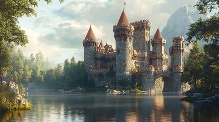 Fototapeta premium Majestic castle reflection enchanted lake fantasy landscape serenity