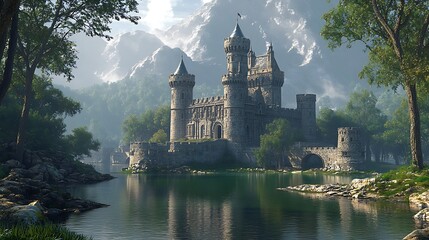 Obraz premium Majestic castle reflection mountain lake fantasy artwork nature