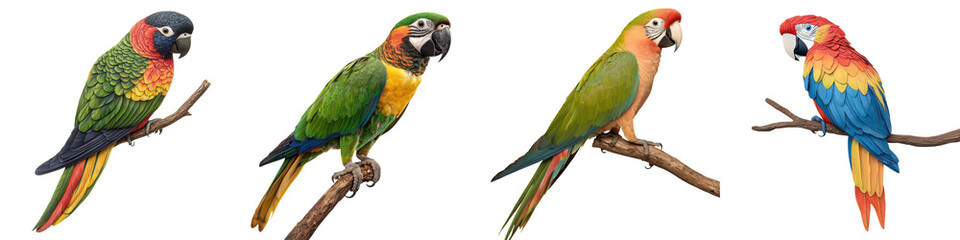 Fototapeta premium Vibrant and colorful parrots macaws and other tropical birds perched on tree branches in a lush natural environment