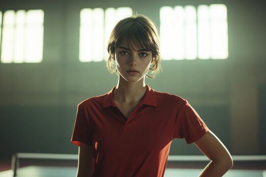 Young Female Athlete in Sportswear in Table Tennis Gym Setting