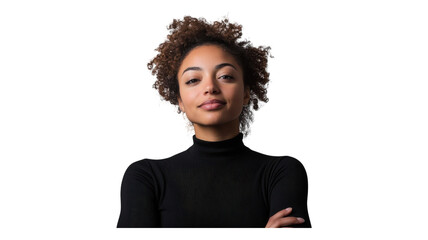 Confident woman with curly hair wearing a black turtleneck sweater, posing against a neutral background.